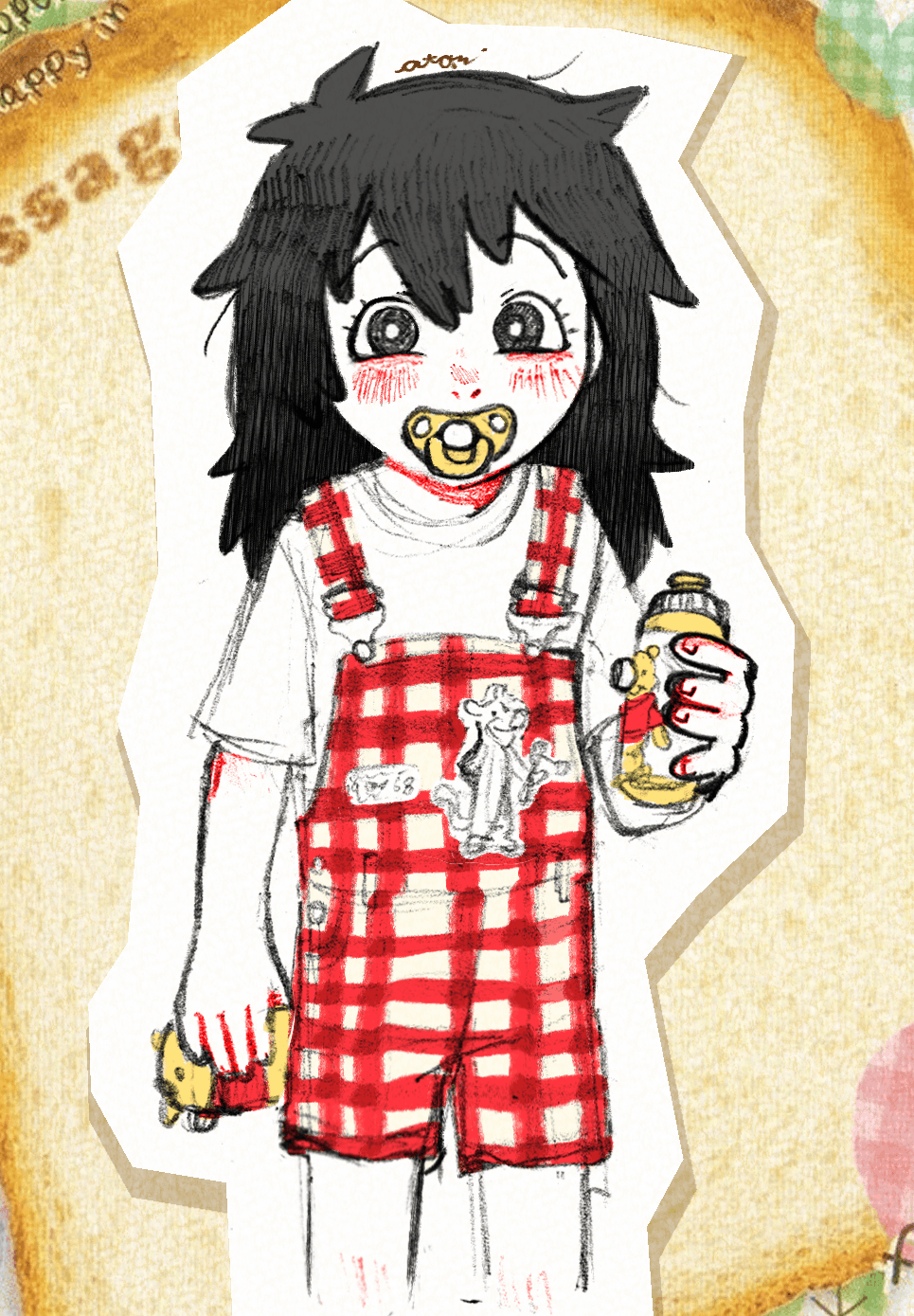 riko in overalls with a pacifier