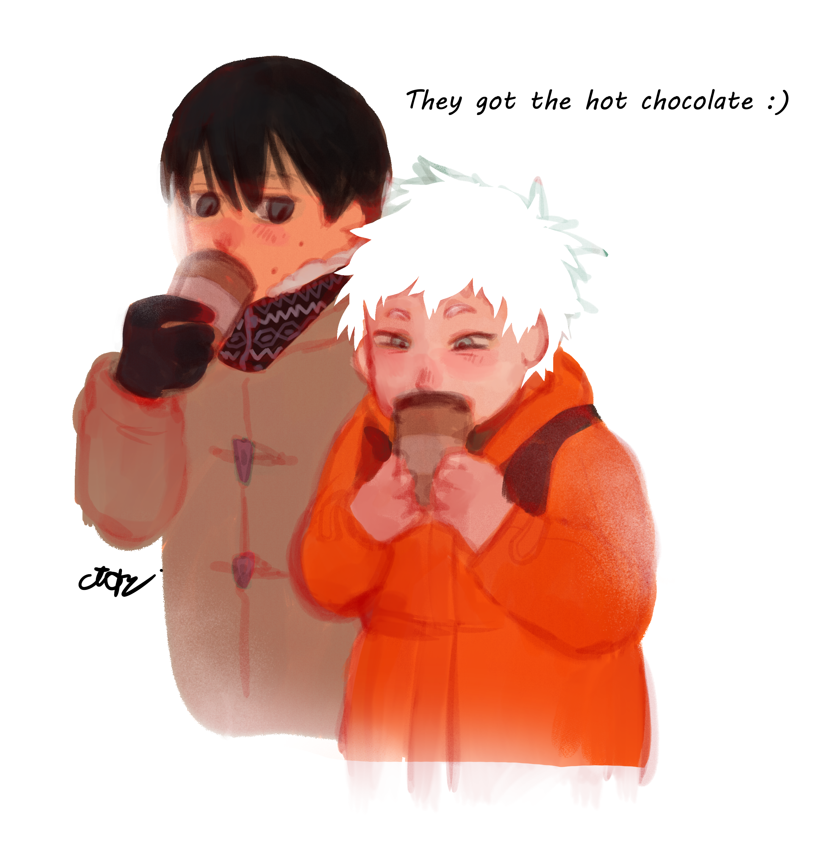art of yoshiki and hikaru drinking hot chocolate. the text reads they got the hot chocolate