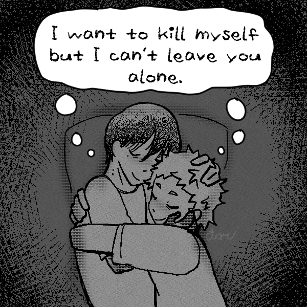 yoshiki and hikaru hugging with text reading: I want to kill myself but i cant leave you alone