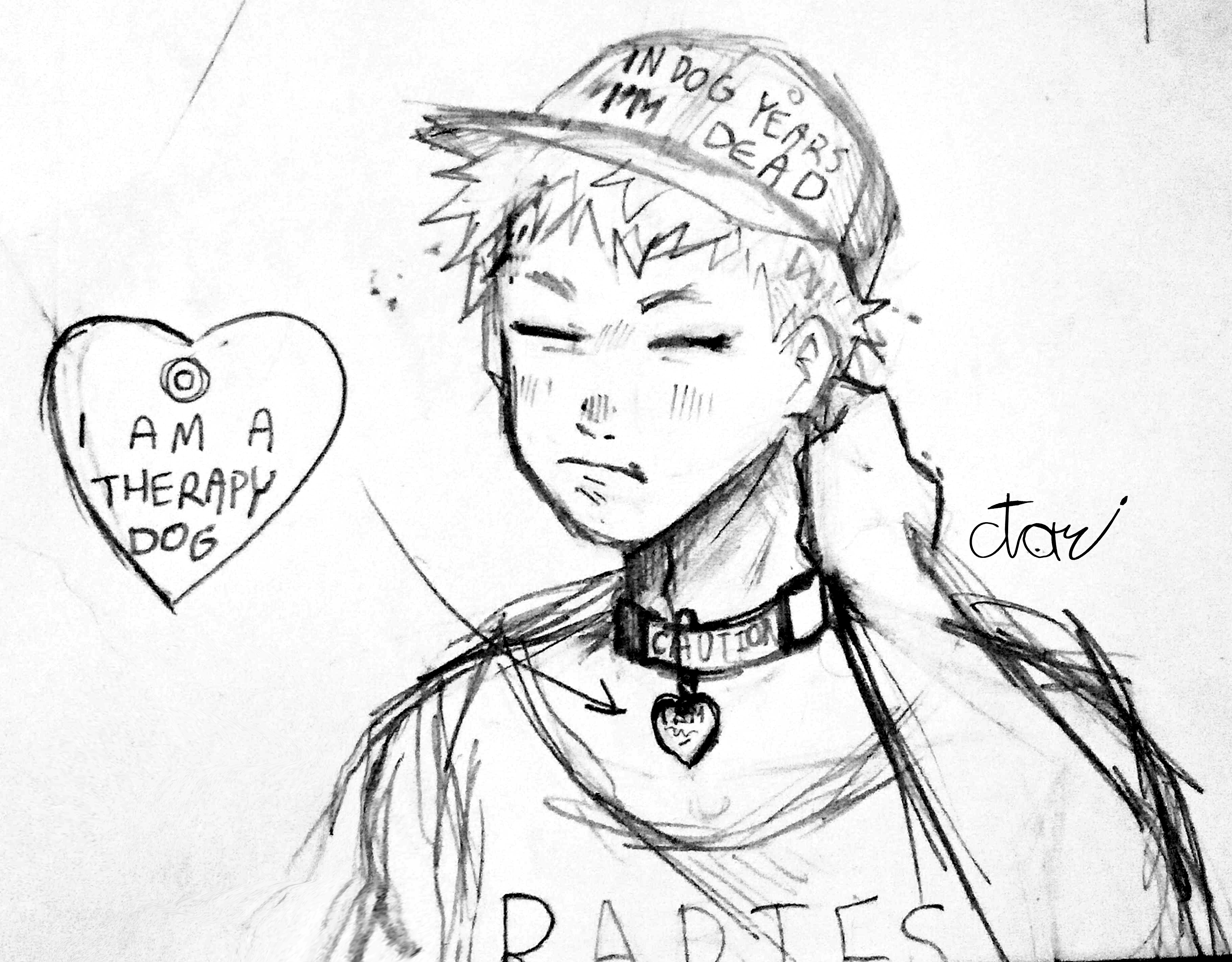 a sketch of hikaru wearing various dog themed clothing items. the hat says in dog years im dead, the tag on his collar says i am a therapy dog, and his shirt has cut off text saying rabies
