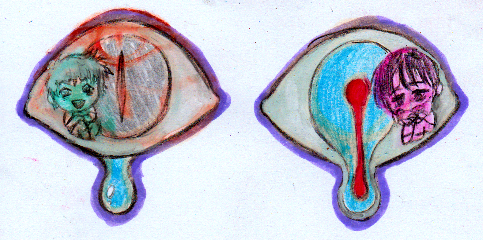 a sketch of a chibi hikaru and a chibi yoshiki atop the other ones eye design