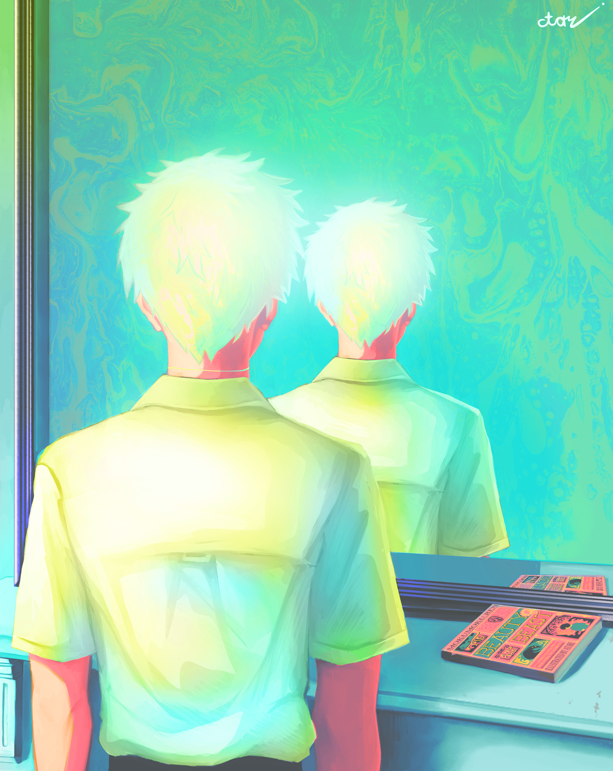 hikaru painting inspired by not to be reproduced by rene magritte, the text on the book says The Beauty and The Beast