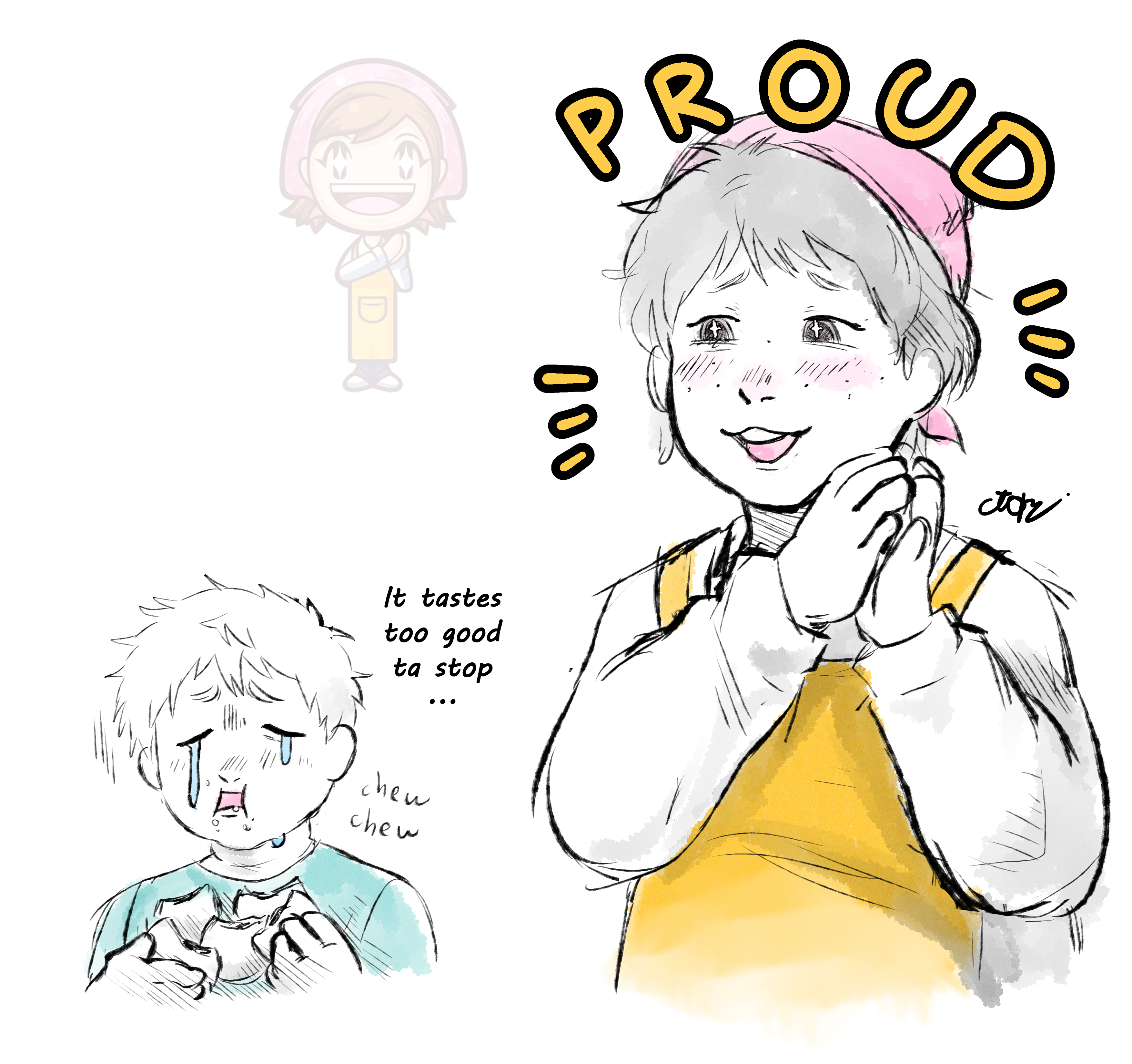 hikaru's mom dressed as cooking mama being proud of hikaru enjoying her food so much while he sorrowfully regrets his greed. the text says PROUD and It tastes too good ta stop