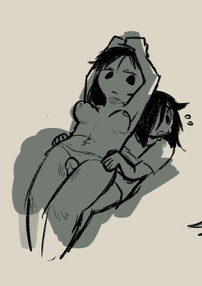 an explicit artwork of yuri tamura lying on top of tomoko kuroki while she pushes her dick between yuri's thighs