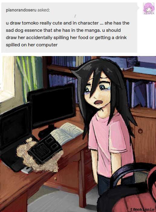 a tumblr ask requesting tomoko spilling her food on her laptop, and the subsequent art of tomoko spilling food on her laptop