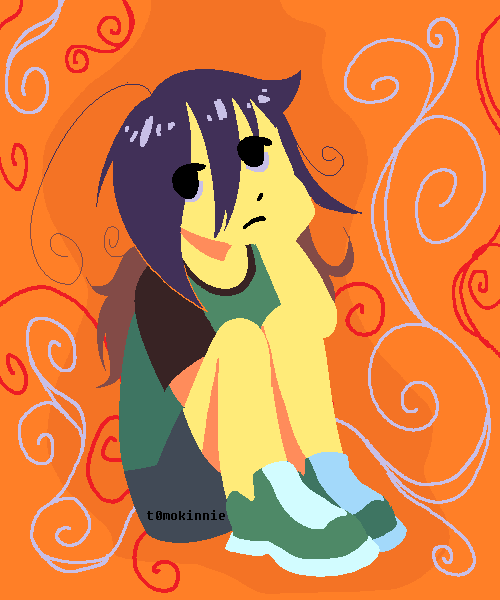 a minimalist drawing of tomoko sitting and looking off to the left