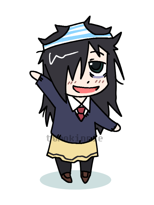 chibi tomoko with striped underwear on her head