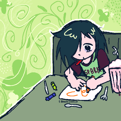 a drawing of tomoko doodling on a matt at a diner with crayons while chewing on one