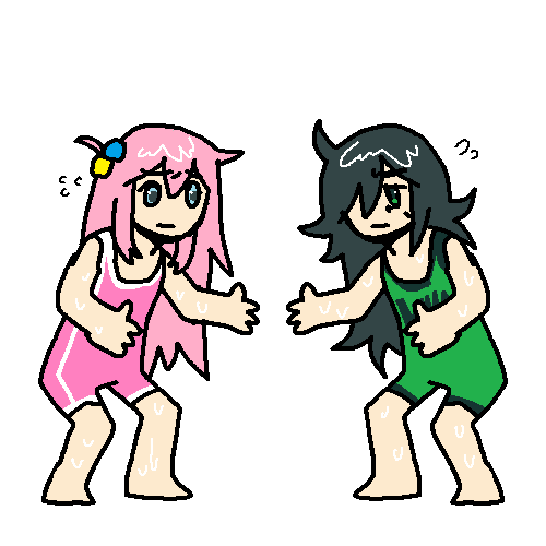 a drawing of tomoko and bocchi standing ready to wrestle
