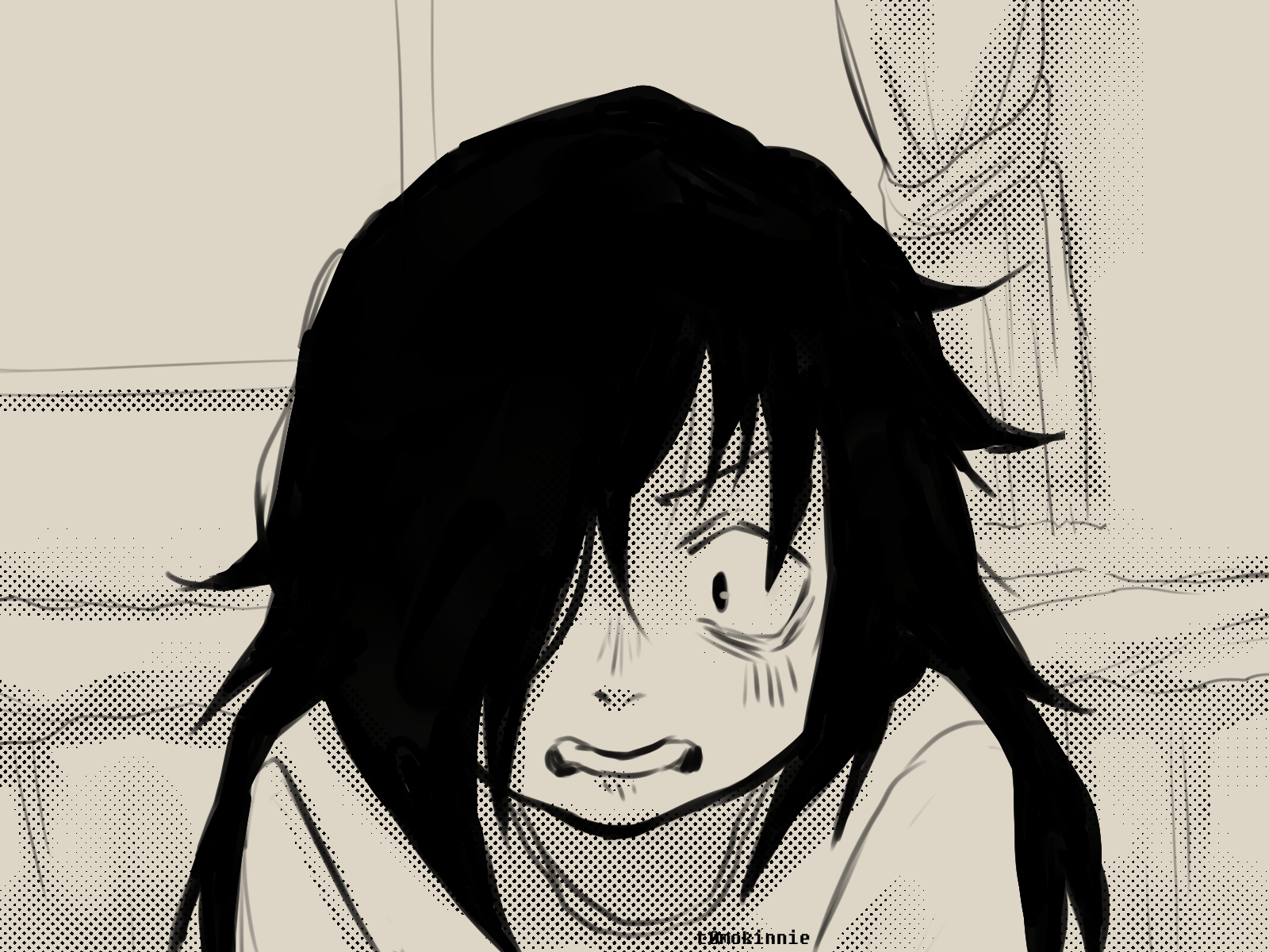 a screenshot redraw of tomoko kuroki looking distraught