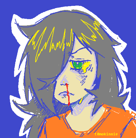 an angsty drawing of tomoko pouting with a nosebleed drawn in mspaint with the default colours