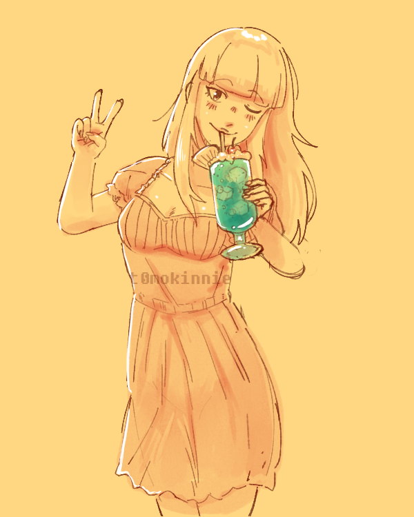 a sketch of asuka katou in a sundress having a drink