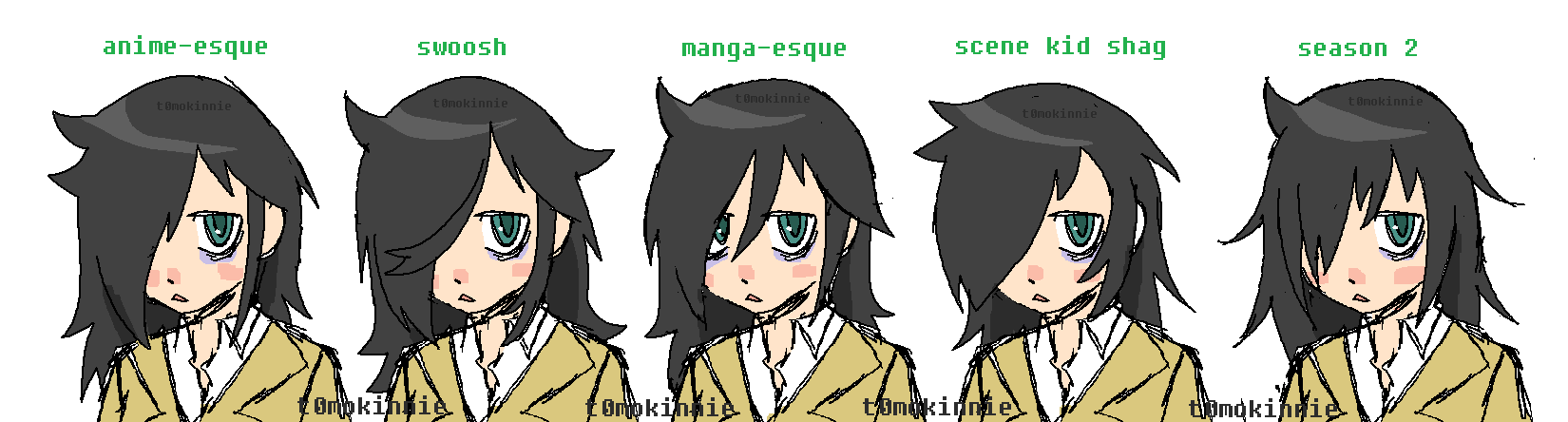 a drawing depicting the different hairstyles i draw tomoko with