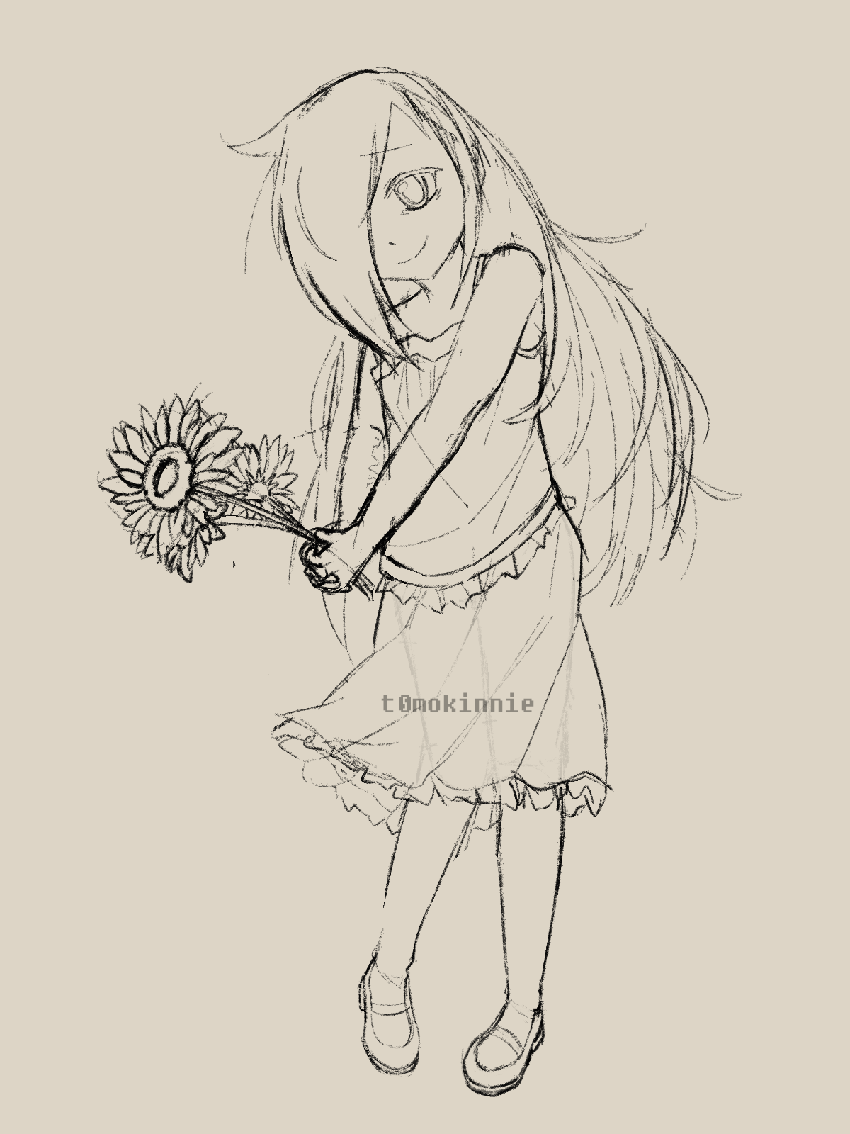 A drawing of Tomoko Kuroki leaning over while holding sunflowers
