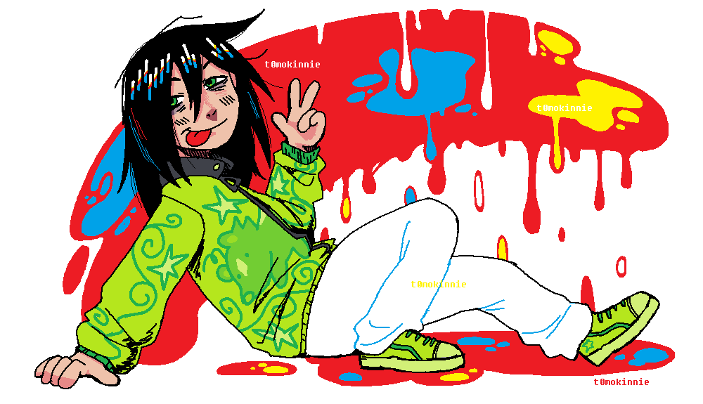 a drawing of a stylized tomoko making a peace sign and sticking her tonge out while lounging across the canvas