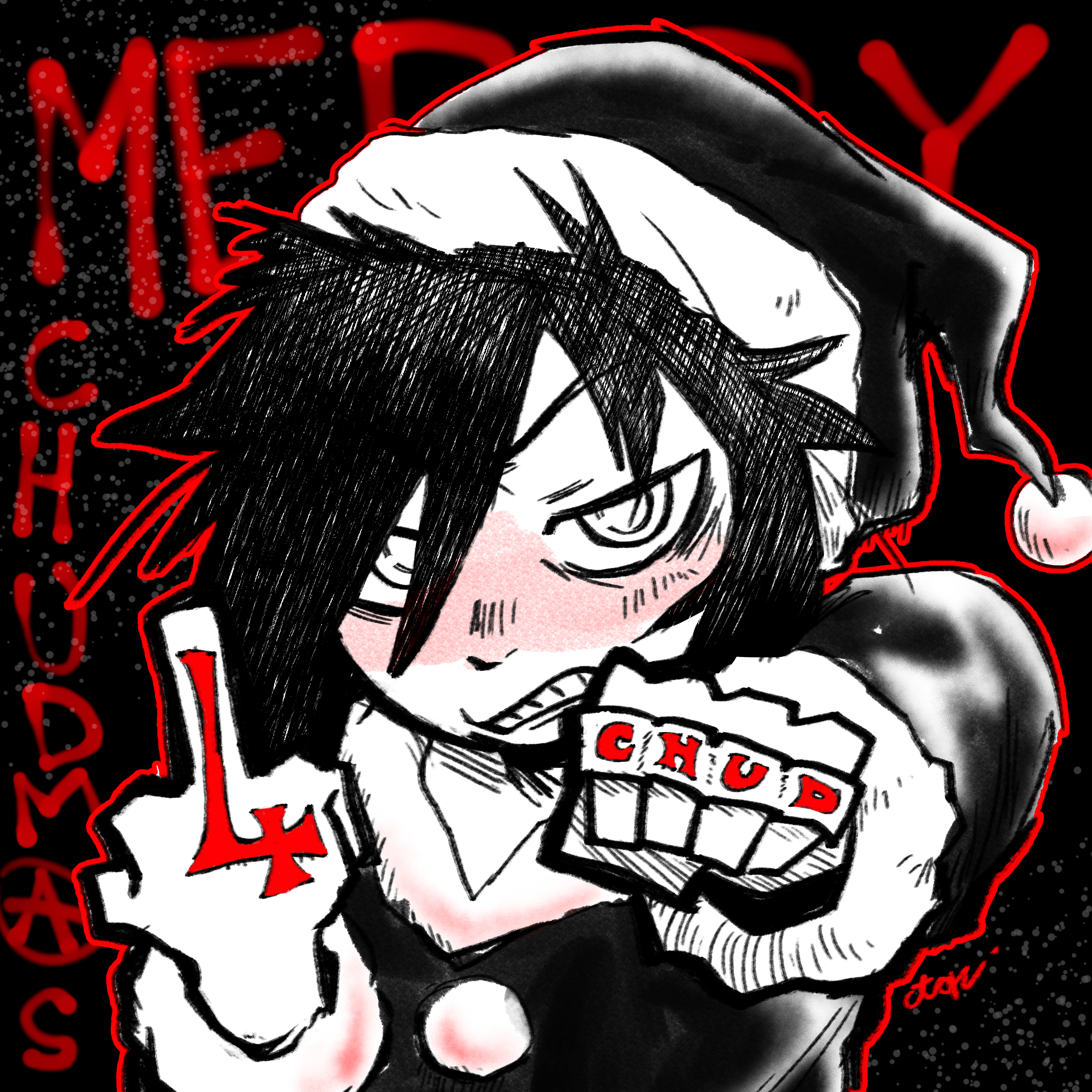 tomoko dressed as santa flipping off the viewer and showing off her tattoo and brass knuckles that say 4chud