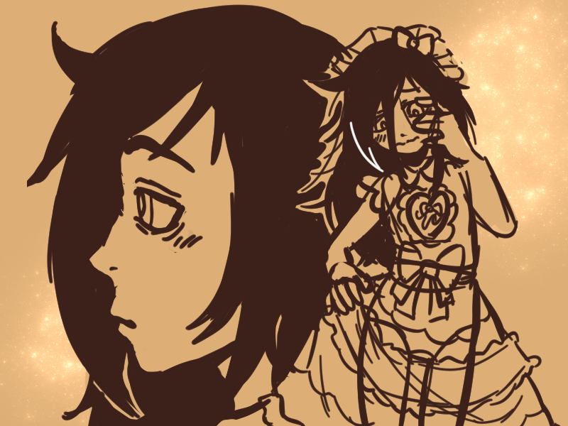 digital sketch of tomoko kuroki in  a sweet lolita outfit holding up the dress slightly while looking shy. to the left of her is a profile headshot of her looking off into the distance