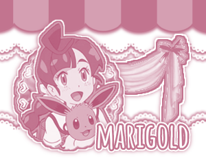 a divider on top, theres a 2 divider on top & bottom. theres a school girl named koharu/chloe from pkmn journeys. she is holding a pokemon named eevee. theres a bow from the side of her. below the bow a text saying "marigold."