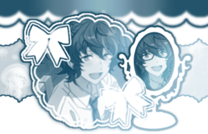 a picture of tsumugi aoba from enstars with a bow mask and a mirror.a jellyfish in the background.