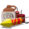 A cider jug with a stack of brightly colored fireworks