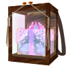 A wooden case with straps like a backpack, holding a pink and blue cake box draped in lace and crystals