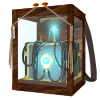 A wooden case with straps like a backpack, holding a blue-gray cake box inside. The box is draped in cables and bears small ports that flicker with blue light