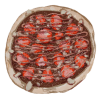A strawberry and nut dessert pizza with chocolate drizzle
