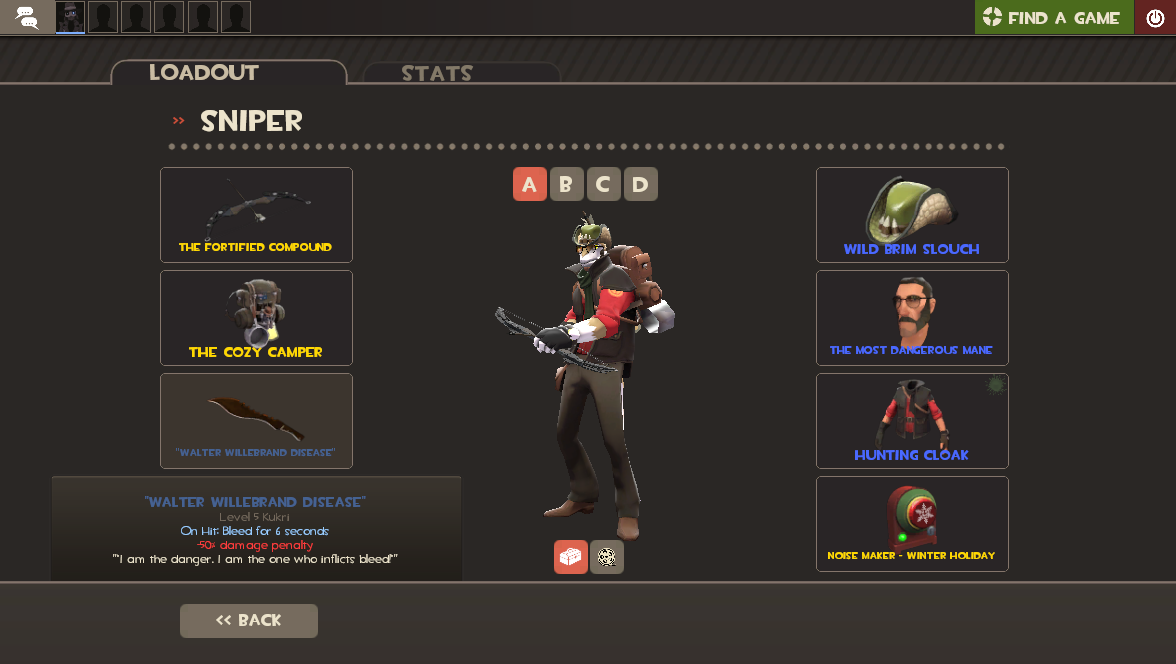 The TF2 Loadout screen for Sniper. He has Fortified Compound, Cozy Camper, and Tribalman's Shiv renamed "Walter Willebrand Disease" equipped.