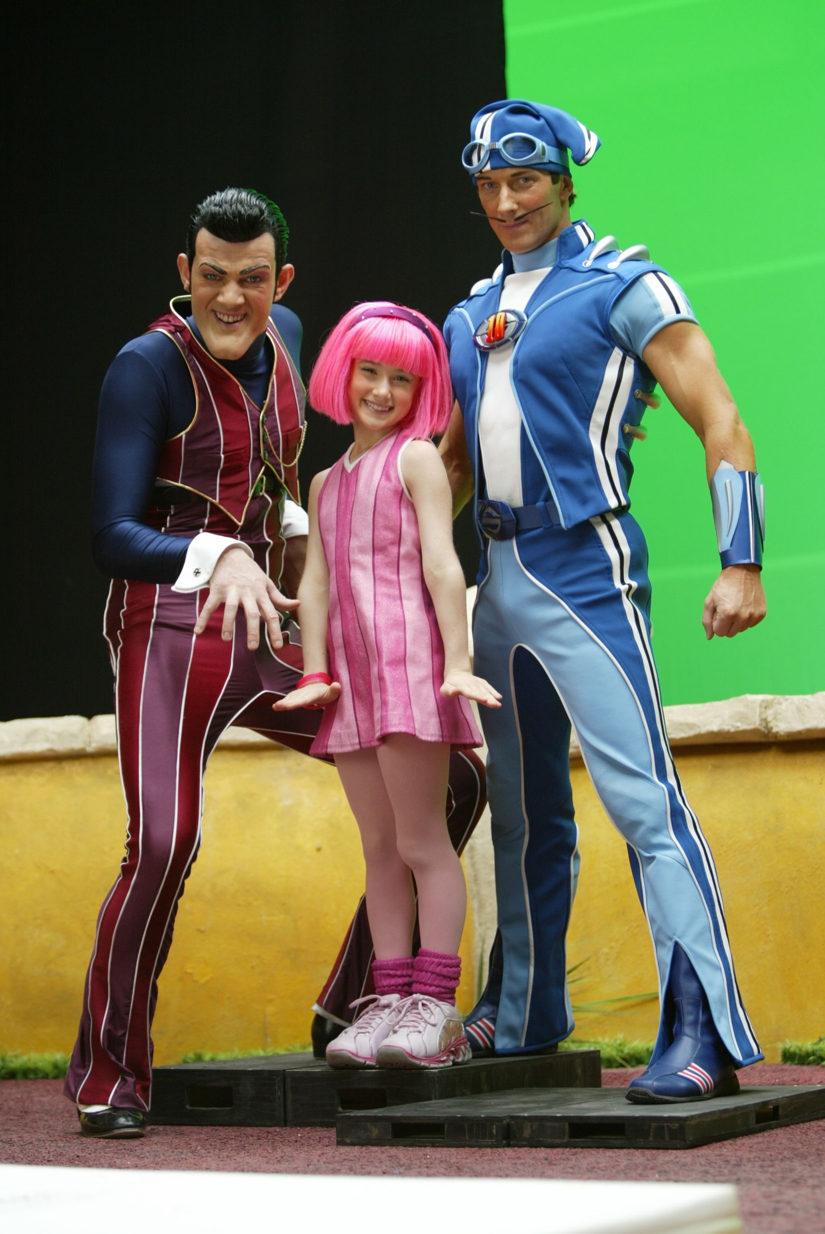 Behind the scenes photo of Robbie Rotten, Stephanie and Sportacus.