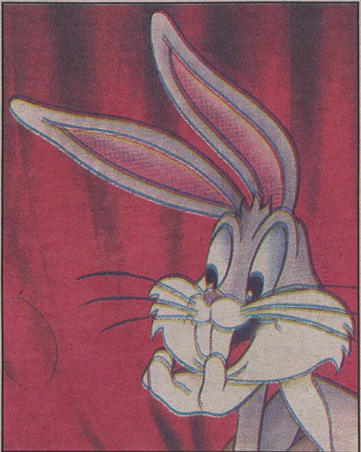 Portrait drawing of Bugs Bunny in front of red curtains