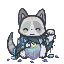 Luna the not-cat modeled as a lucky cat. Ae are holding an essence fragment instead of a coin and waving aer paw.