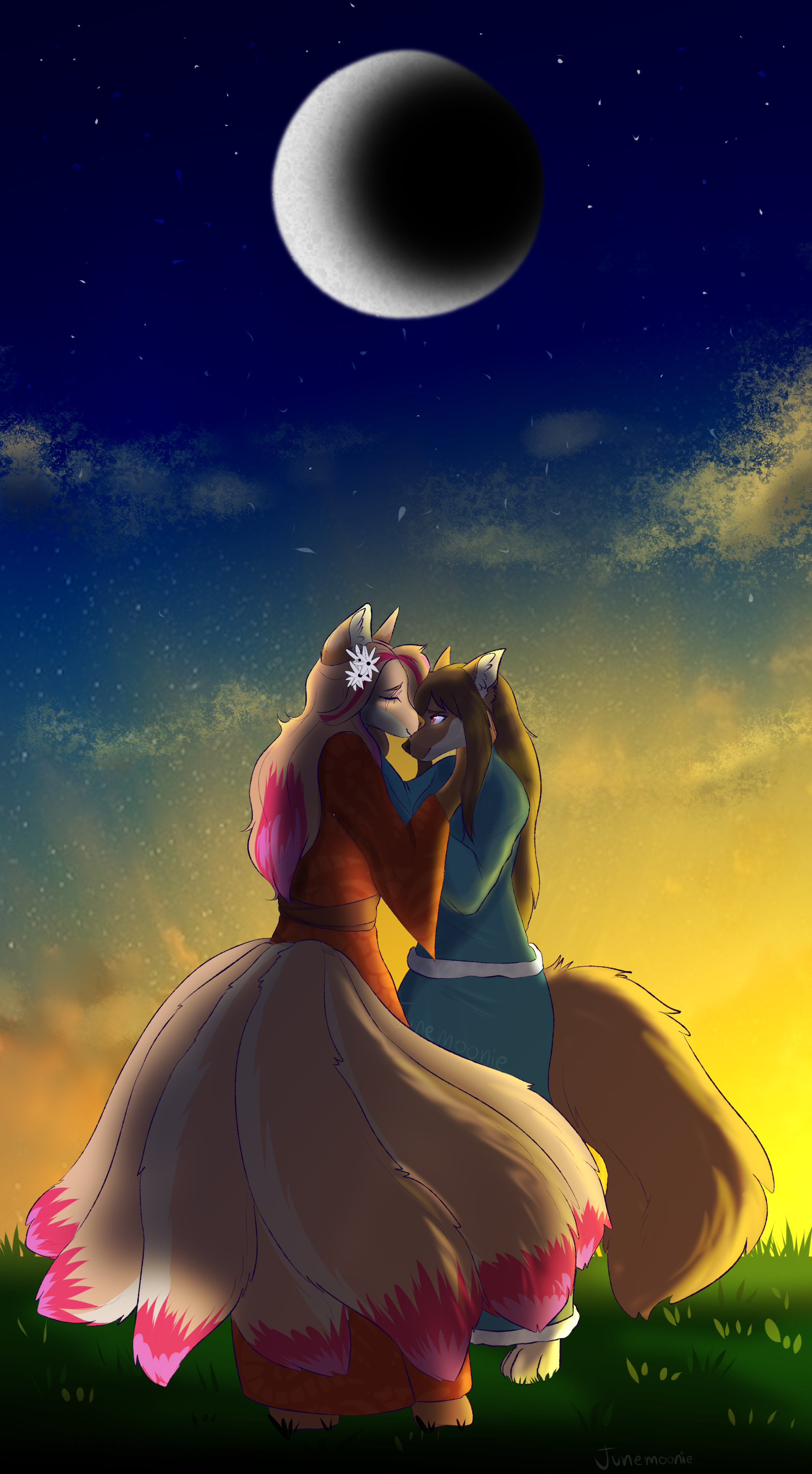 shaded fullbody 2 characters + semicomplex background