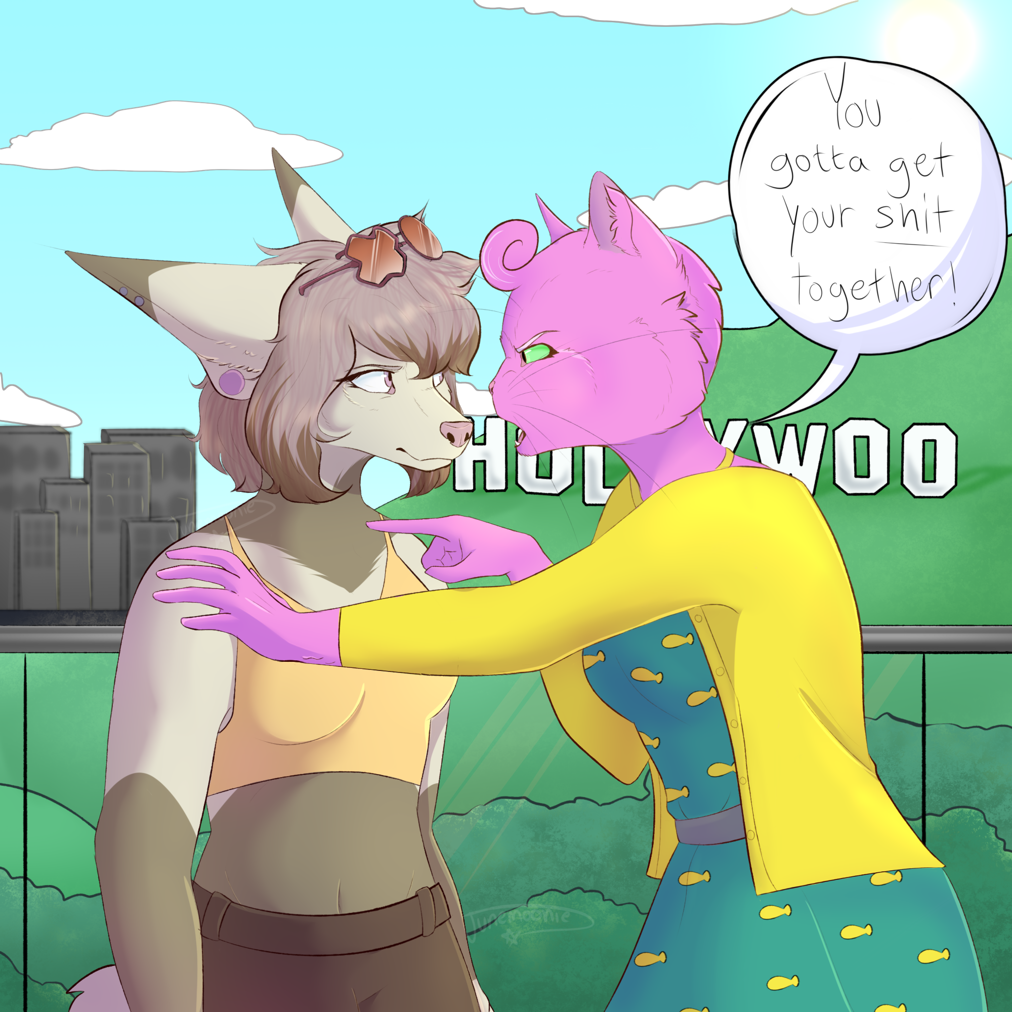 shaded fullbody 2 characters + complex background