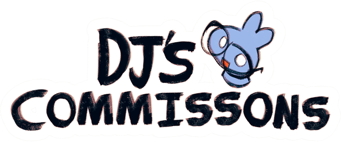 A simple image of a small, blue stylized bunny wearing glasses next to text that reads "DJ's Commissions".