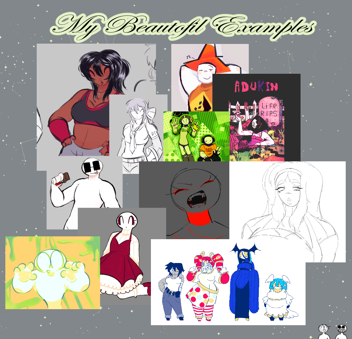 A commission sheet example containing several cropped images of my art. It is captioned "My Beautofil Examples", an intentional misspelling. Small versions of Adukin and Bachikin are in the bottom right corner of the image.