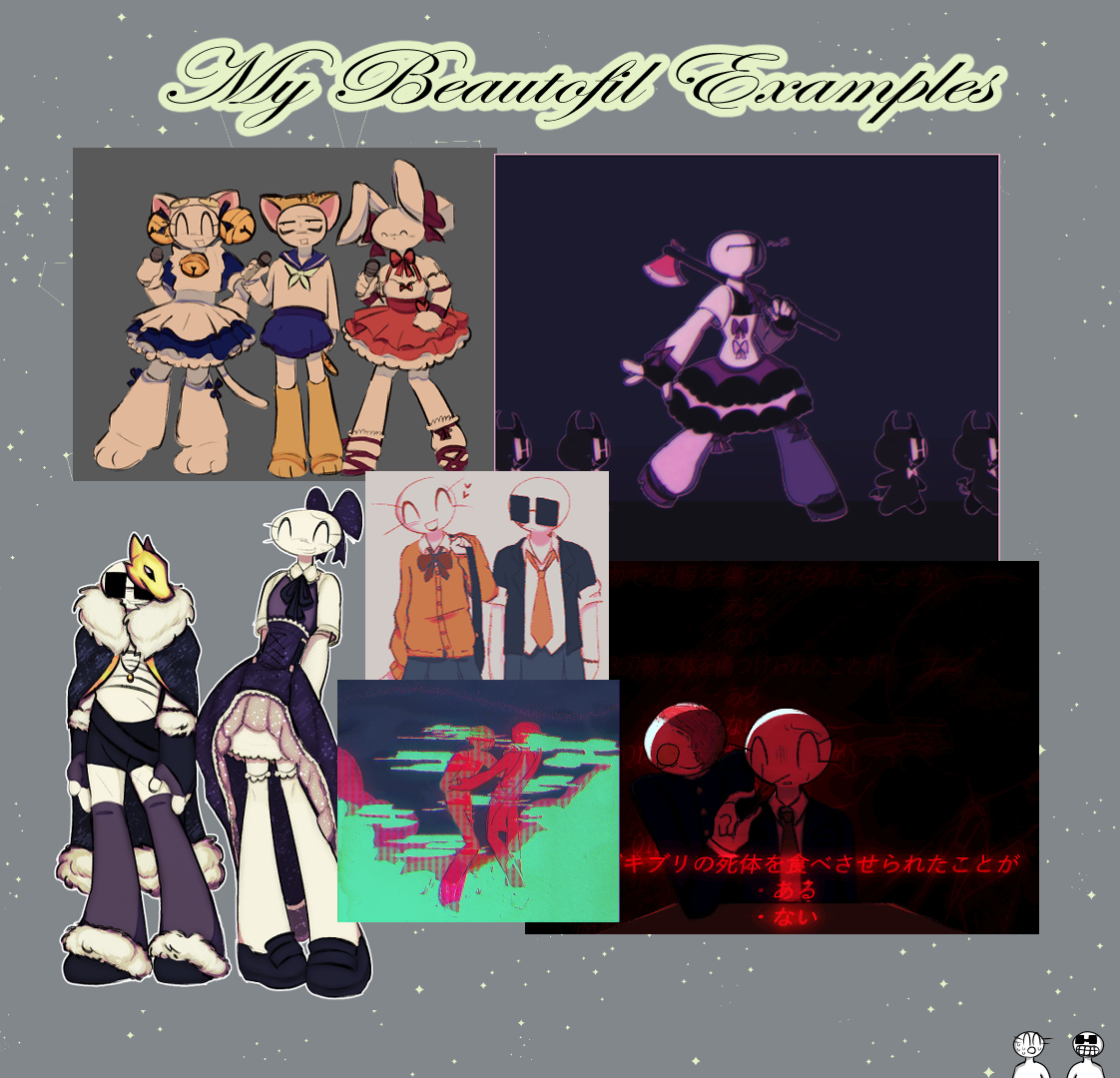 A commission sheet example containing several cropped images of my art. It is captioned "My Beautofil Examples", an intentional misspelling. Small versions of Adukin and Bachikin are in the bottom right corner of the image.