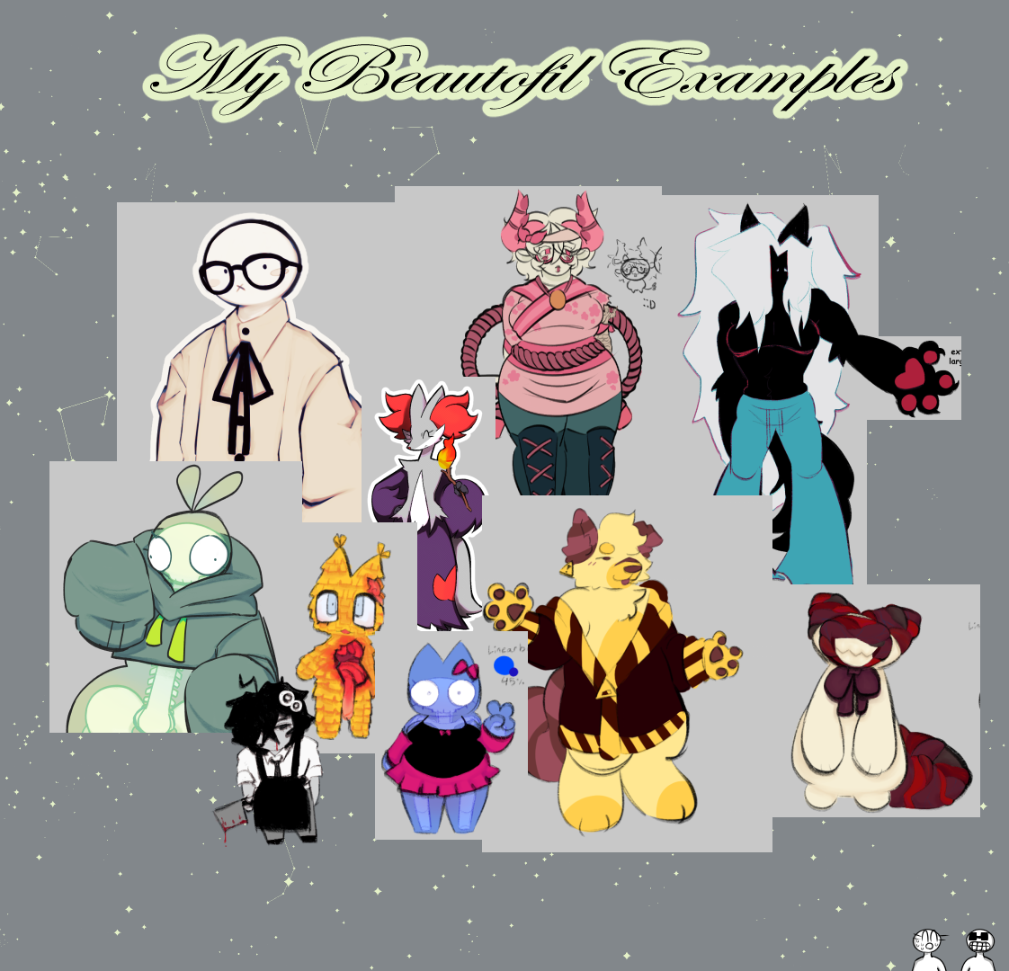 A commission sheet example containing several cropped images of my art. It is captioned "My Beautofil Examples", an intentional misspelling. Small versions of Adukin and Bachikin are in the bottom right corner of the image.