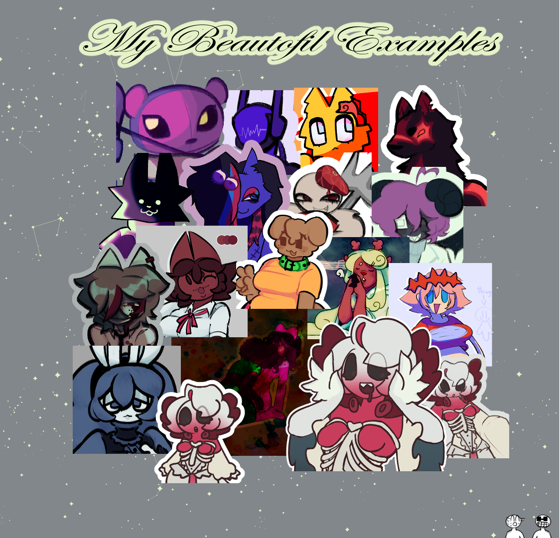 A commission sheet example containing several cropped images of my art. It is captioned "My Beautofil Examples", an intentional misspelling. Small versions of Adukin and Bachikin are in the bottom right corner of the image.