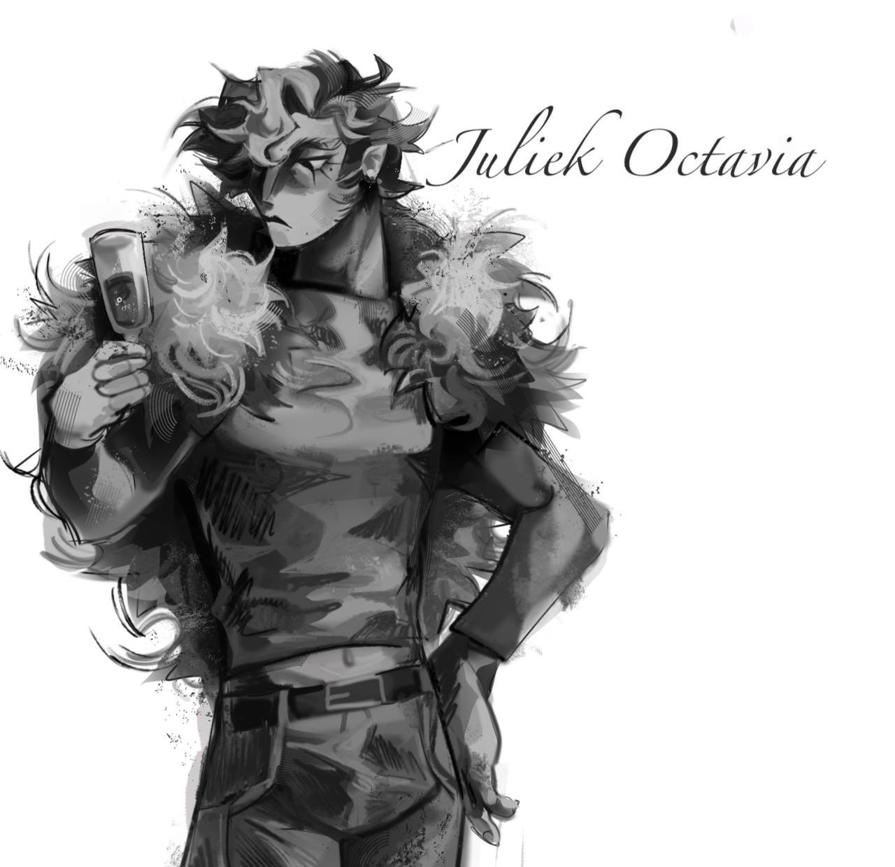 A black-and-white drawing of Juliek from 8:11. He's holding a wine glass with his hand on his hip. The text reads "Juliek Octavia". Art by @certain_s0meone on Twitter.