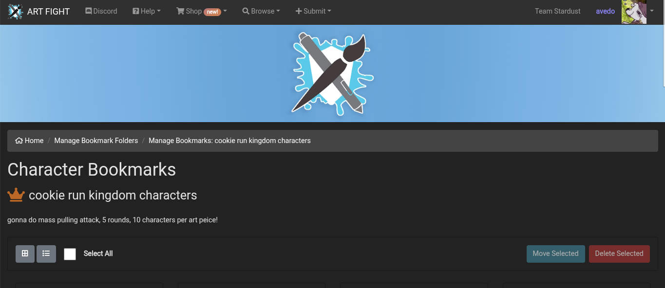 Screenshot of Artfight bookmark manager, showing a folder called cookie run kingdom characters, gonna do mass pulling attackes, 5 rounds 10 characters per art peice!