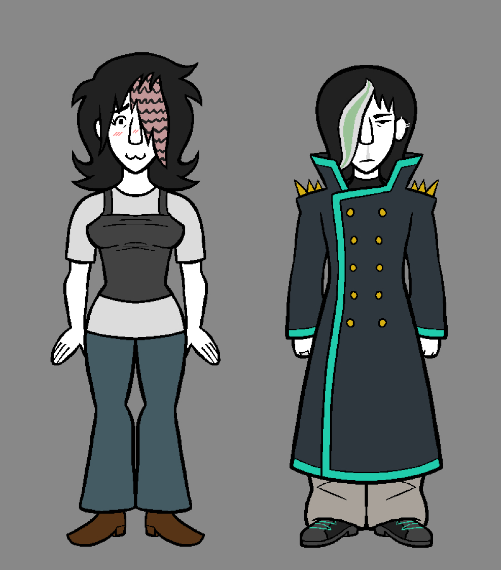 The girl on the left has a dull pink hair streak with black horizontal stripes over her left eye, and wears a grey tank top over a white shirt. the guy has a dull green hair streak with white vertical stripes over his right eye and wears a navy blue trench coat with gold spikes and cyan stripes at the hems of the coat.