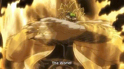 A gif of DIO activating his stand THE WORLD. Scott Pilgrim is overlayed on top of Joseph Joestar's head