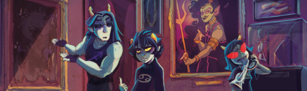 An image from Night at the lewdseum from the paradox space comics, on the left Equius Zahhak is trying to show Karkat Vantas a painting with a look of exasperation. Karkat Vantas is flipping his middle finger at him with a look of disinterest. Terezi Pyrope is on the right of the image, licking a clown horn with a puzzled face.