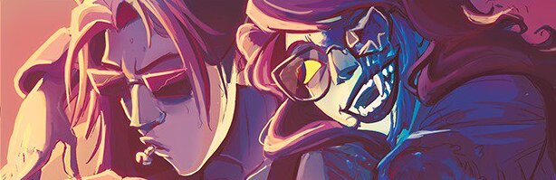 Vriska Serket and Equius Zahhak from Homestuck. Vriska is leaning onto Equius with a cheerful expression, while Equius is lost in thought with a screw hanging from his mouth.