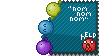 The yellow one, blue one, and purple one are eating the stamp. The red one is screaming.