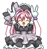 pixelated anime maid girl with two bunny clips in her hair dancing around