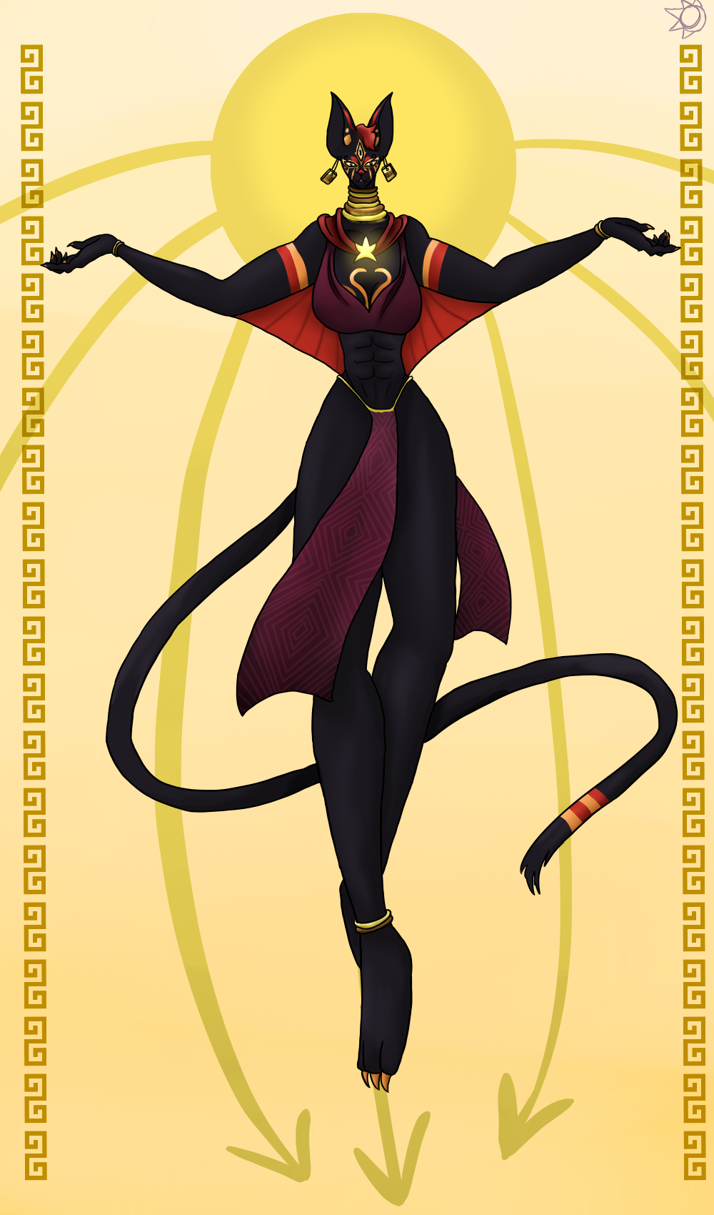 a black anthro cat with the sun of Aten behind her