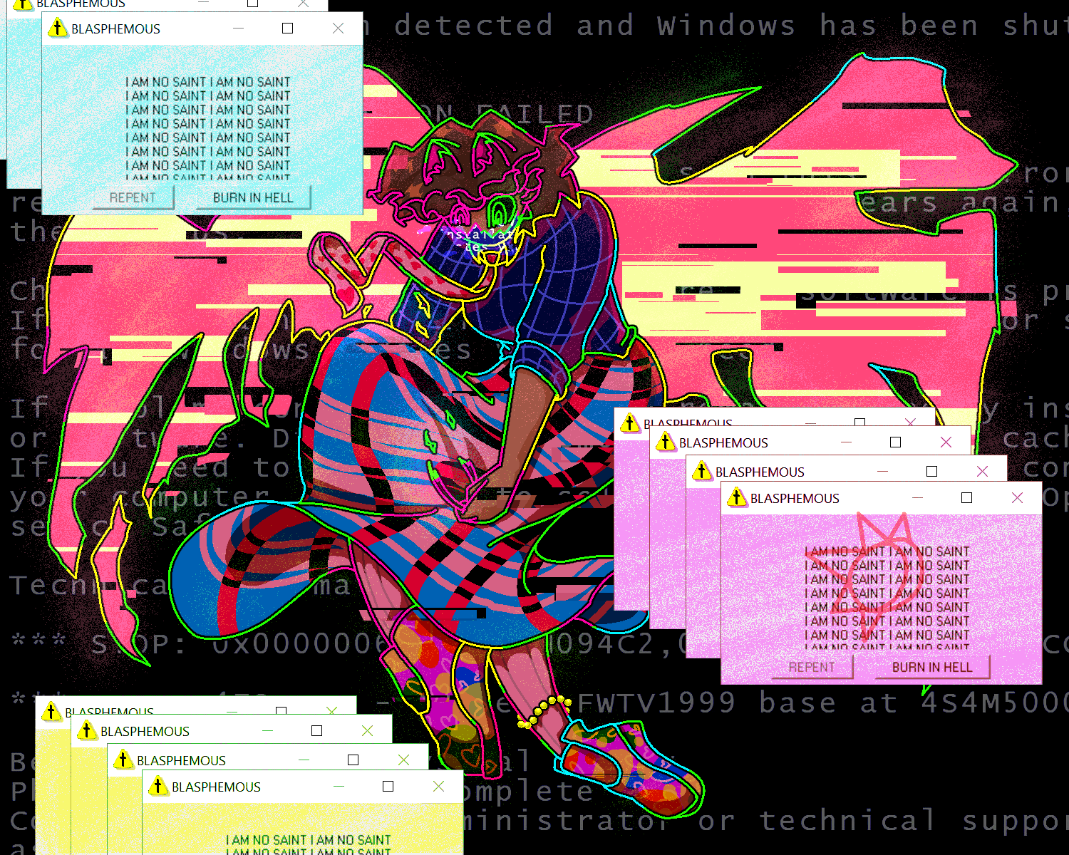 A fallen computer angel breaking her halo with error messages