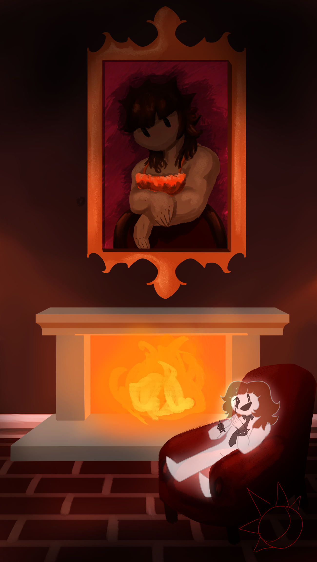 A painting of a girl hangs above the mantle of a lit fireplace in a dark room. A ghost is sitting in an armchair in front of it.