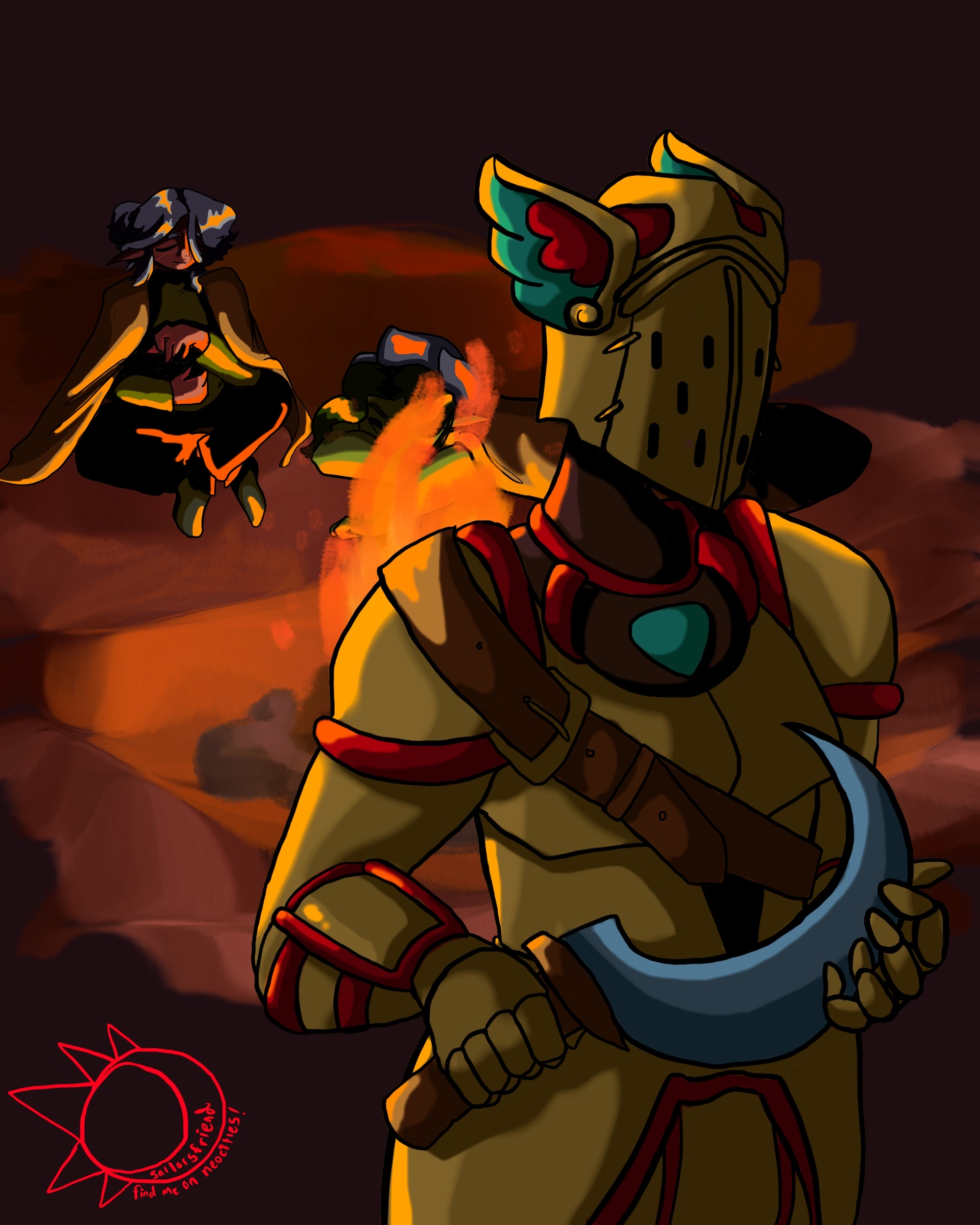 A DnD party of three rests at a campfire